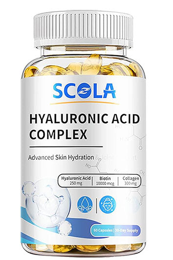 SCOLA Hyaluronic Acid Capsules - 250mg HA + 10,000mcg Biotin, 60 Vegan Capsules | Deep Hydration, Hair & Nail Support | Non-GMO Formula