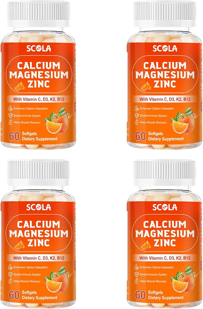 Calcium Magnesium Zinc Supplement with Vitamin C D3 B12 K2, 1000mg Calcium, 400mg Magnesium for Immune Energy Support, Bone Health and Muscle Function Softgels, 240 Count